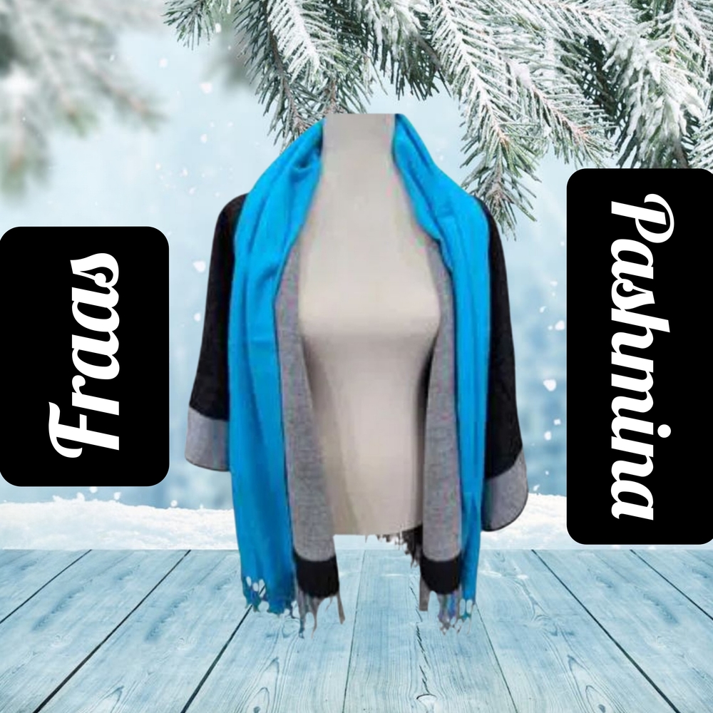 2-Piece Set Fraas Black and Grey SHAWL, Plus Blue Pashmina SCARF